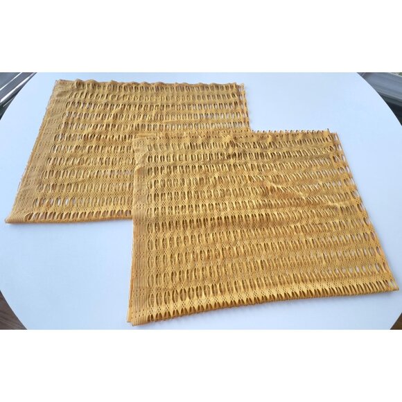 Vintage 70s yellow curtains, soft mesh, funky open weave geometric, pair panels - Picture 7 of 10